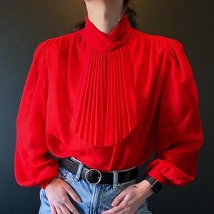 Red vintage poet top with pleated neckline jabot neck